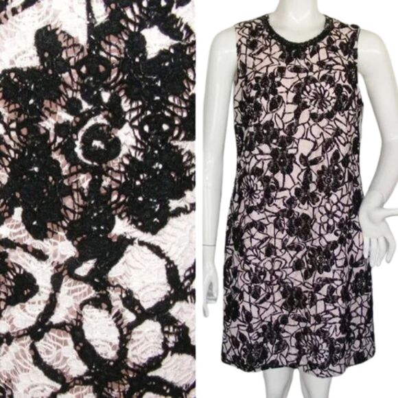 new KARL LAGERFELD Dress, 10, Pink Lace/Black Floral, Faux Chain Neckline - Picture 1 of 15
